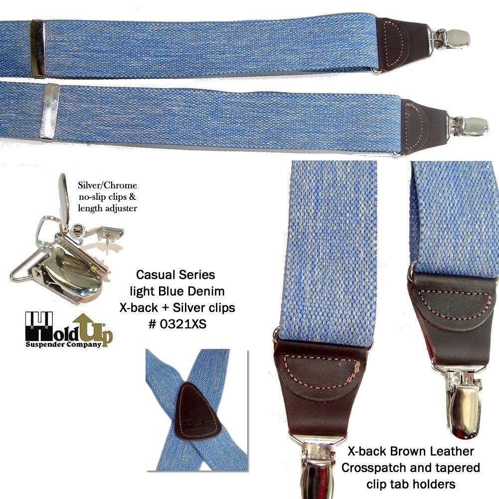 Holdup Brand Light Blue Denim color Suspenders with 1 1/2" wide straps in X-back styles with USA Patented No-slip Silver Clips