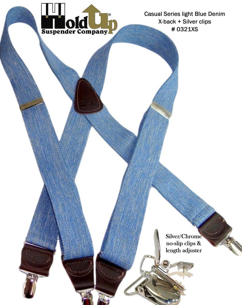 Holdup Brand Light Blue Denim color Suspenders with 1 1/2" wide straps in X-back styles with USA Patented No-slip Silver Clips