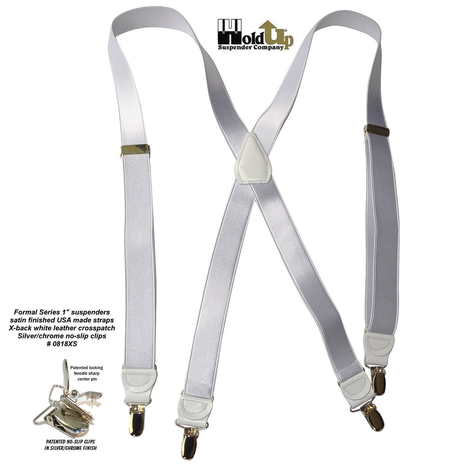 Hold-Ups X-back 1" wide Formal Satin Finish White Suspenders with USA Patented No-slip Silver Clips