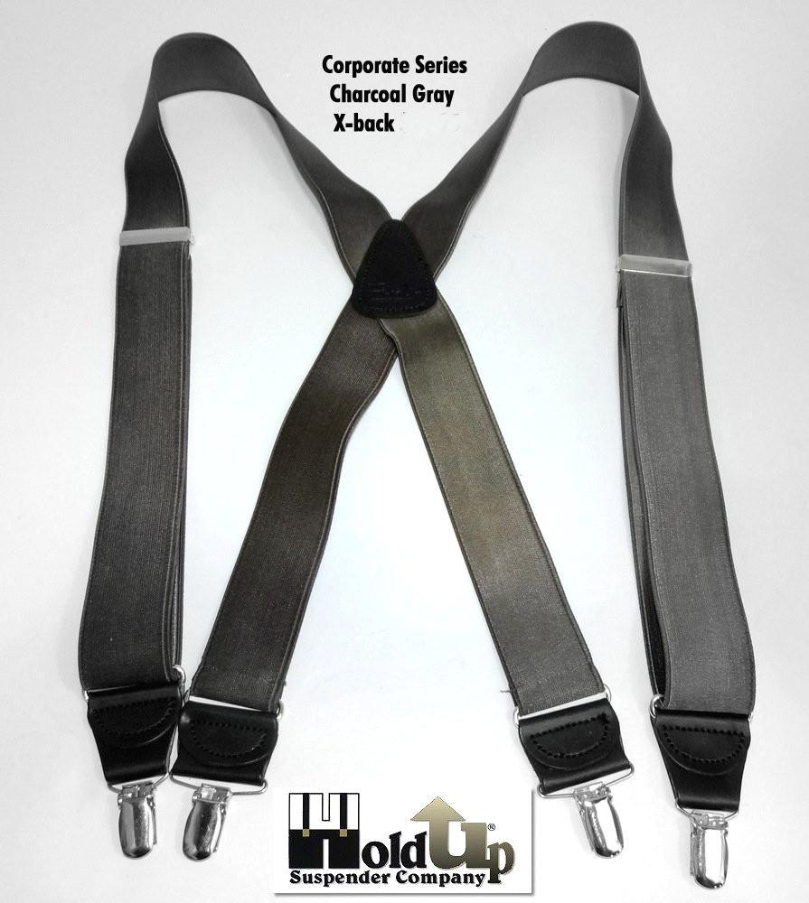 Hold-Ups Charcoal Grey 1-1/2" Wide Suspenders X-back with Silver-tone no-slip Clips