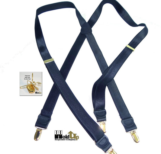Hold-Ups Formal Series Satin Finished dark Blue X-back suspenders with Gold tone no-slip clips