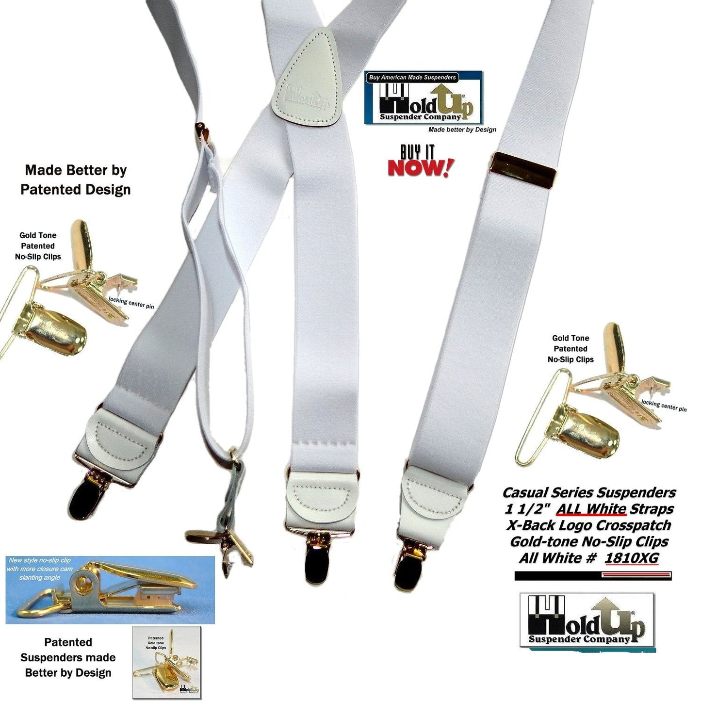 Holdup All White American made Casual Series X-back Suspenders with USA Patented No-slip Gold-tone clips