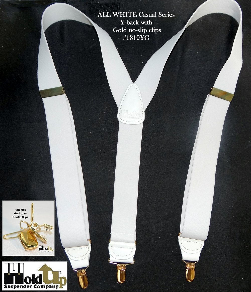 Hold-Ups Y-back All White Casual Series 1 1/2" wide Suspenders with USA Patented No-slip Gold Clips