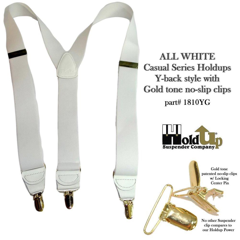 Hold-Ups Y-back All White Casual Series 1 1/2" wide Suspenders with USA Patented No-slip Gold Clips