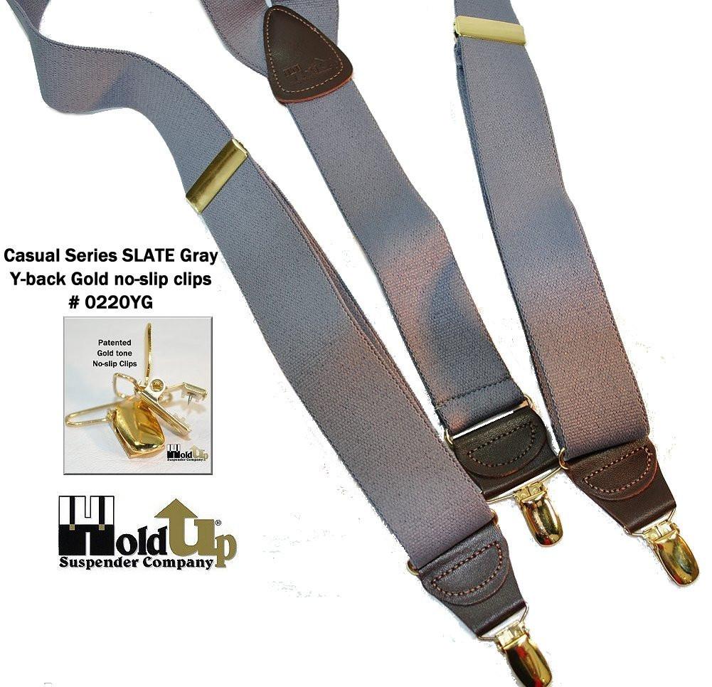 Men's Dark Slate Grey 1 1/2" wide Holdup Suspenders with Brown leather Y-back crosspatch and USA Patented No-slip Gold tone Clips