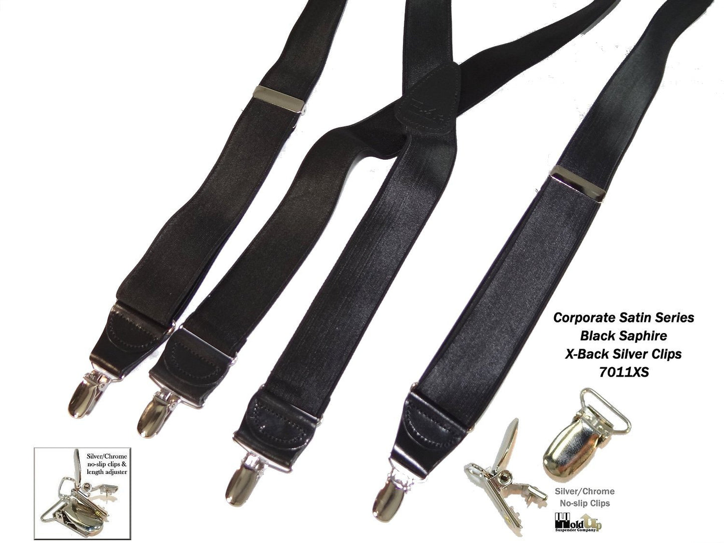 Hold-Ups Black Satin Finish 1 1/2" Wide in X-back suspenders with Patented No-slip Silver Clips