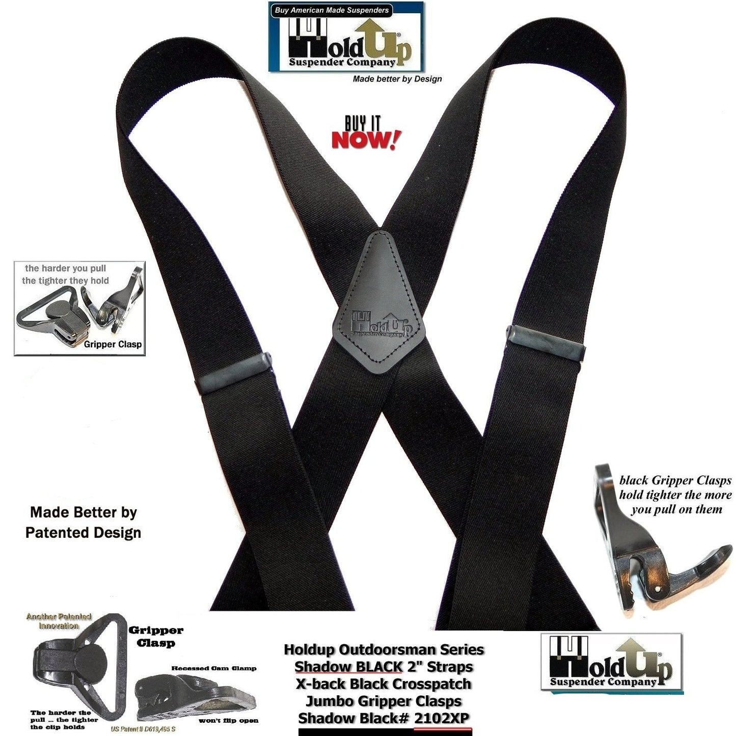 X-back Holdup Shadow Black Heavy Duty Work Suspenders with jumbo USA Patented Gripper Clasps