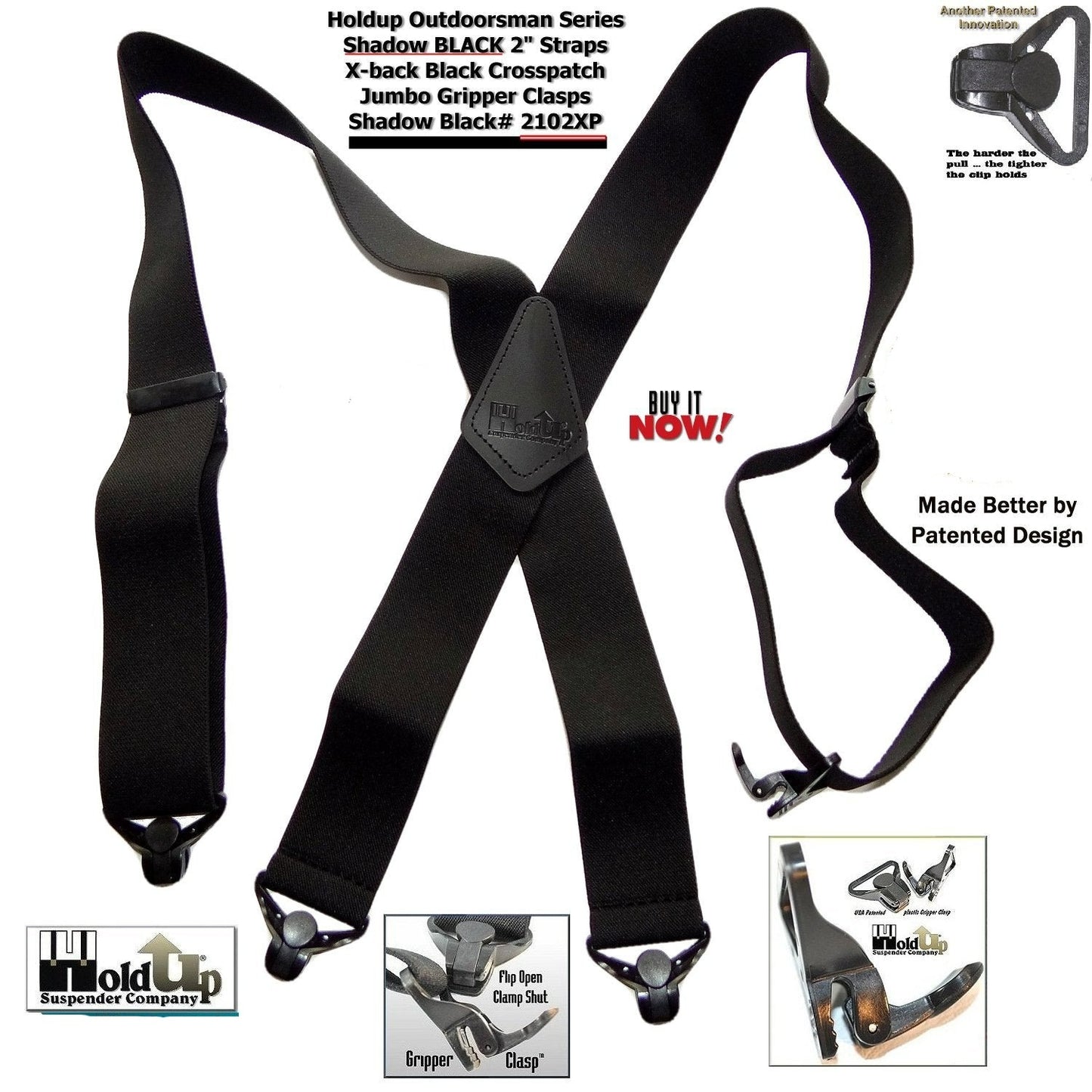 X-back Holdup Shadow Black Heavy Duty Work Suspenders with jumbo USA Patented Gripper Clasps