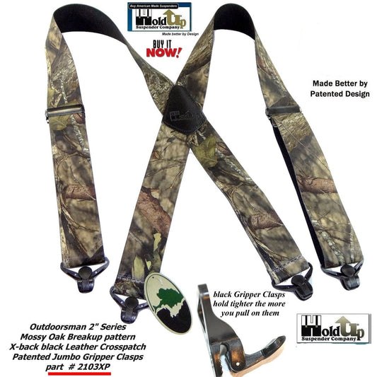 Holdup Suspender Company Mossy Oak Breakup Camoflage Pattern Suspenders in X-Back style and Patented Gripper Clasps