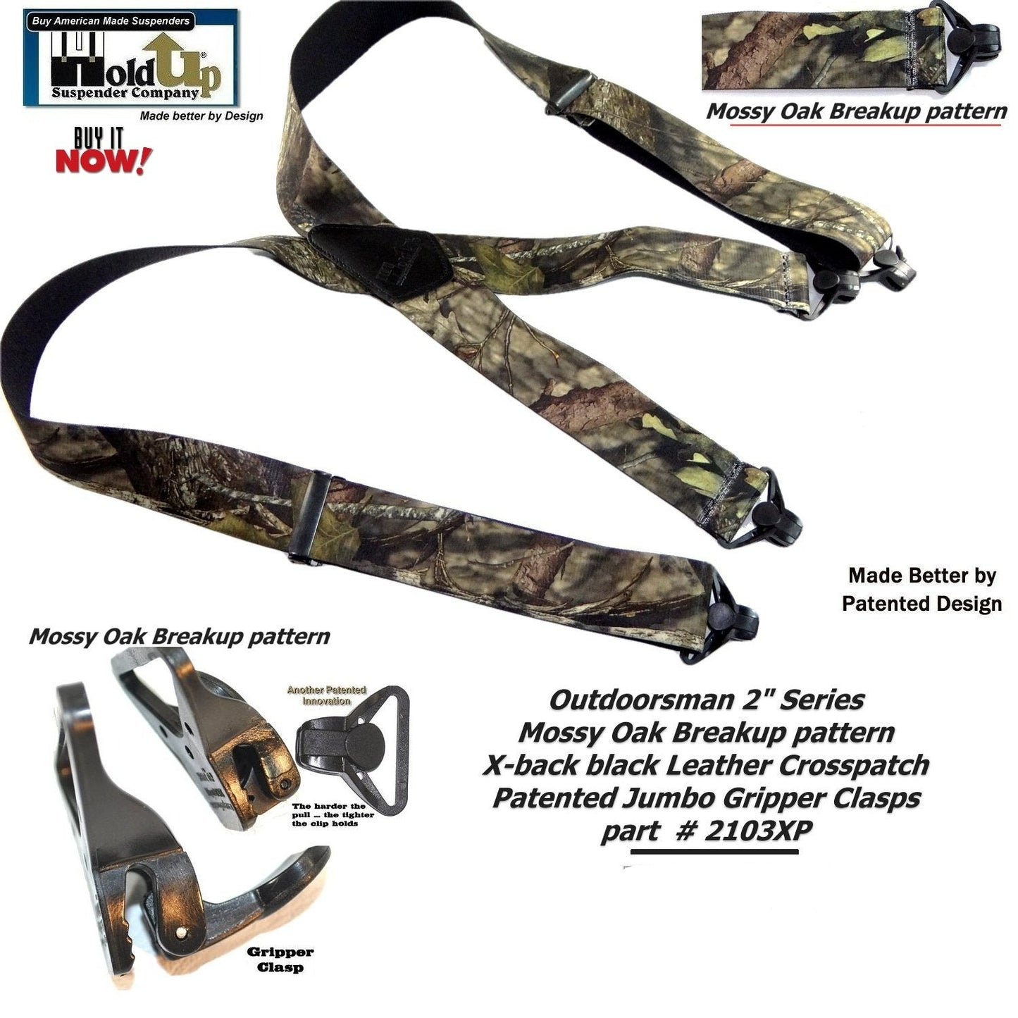 Holdup Suspender Company Mossy Oak Breakup Camoflage Pattern Suspenders in X-Back style and Patented Gripper Clasps