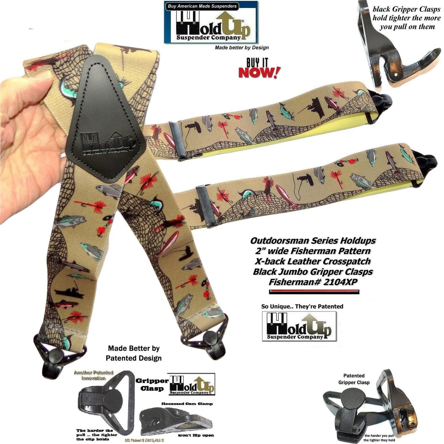 Holdup Brand FishTales Pattern Outdoorsman Suspenders with USA Patented Jumbo Gripper Clasps