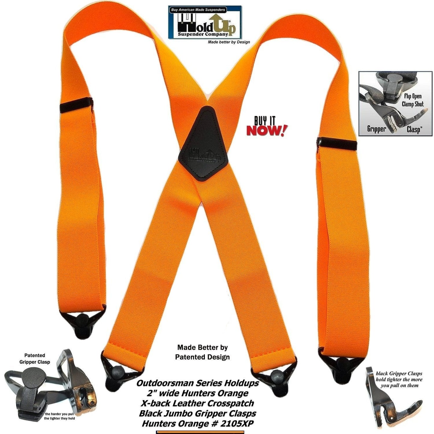 Hold-Ups Hunter Orange 2" Wide Work Suspenders with Composite Plastic Gripper Clasp