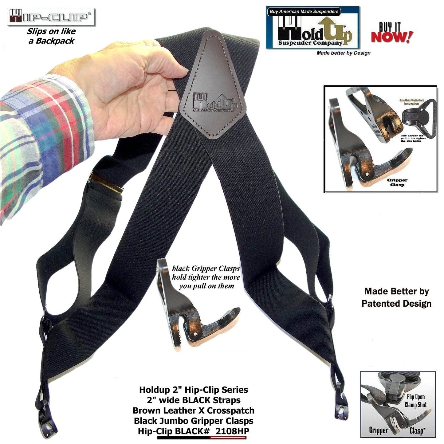 Black Hip-clip X-back Trucker style Holdup Suspenders with USA patented Gripper Clasps