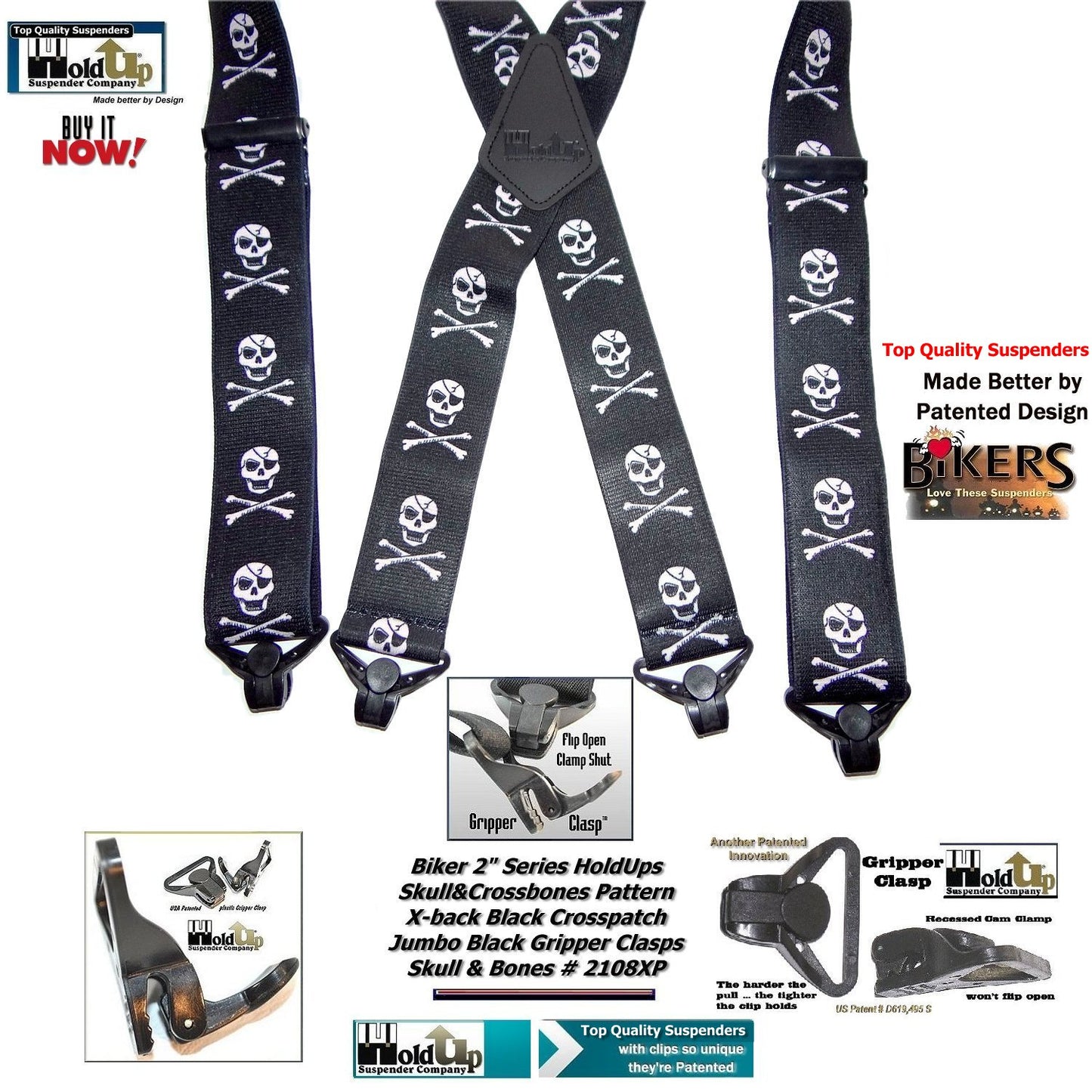 Holdup Brand Biker Series Skull and Crossbones pattern X-back suspenders with black Jumbo Gripper Clamp Clasps