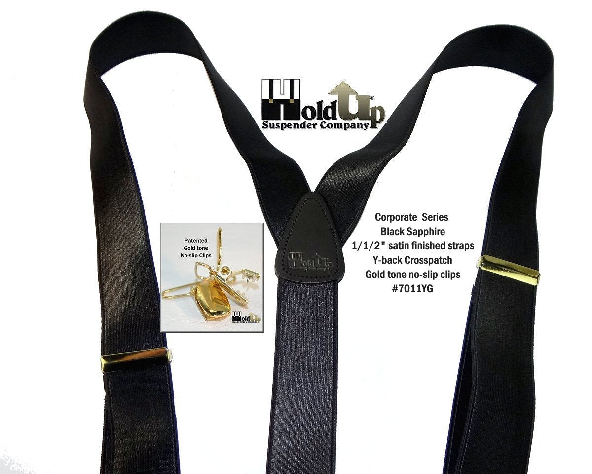 Hold-Ups Black 1 1/2" Satin Finish Suspenders Y-back Patented No-slip Gold Clips