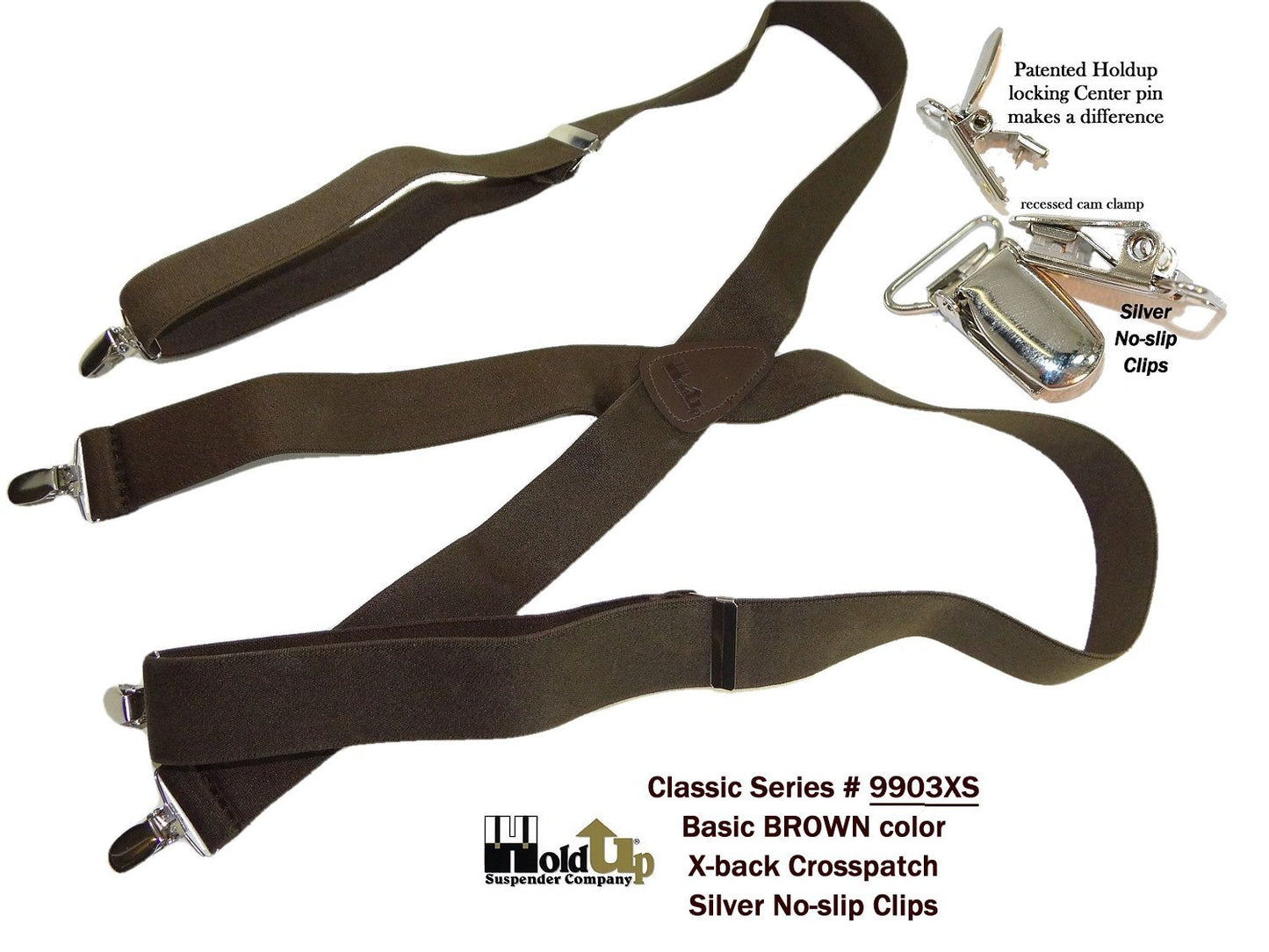 Hold-Ups Classic Dark Brown Suspenders with Silver No-slip Clips and X-back Leat