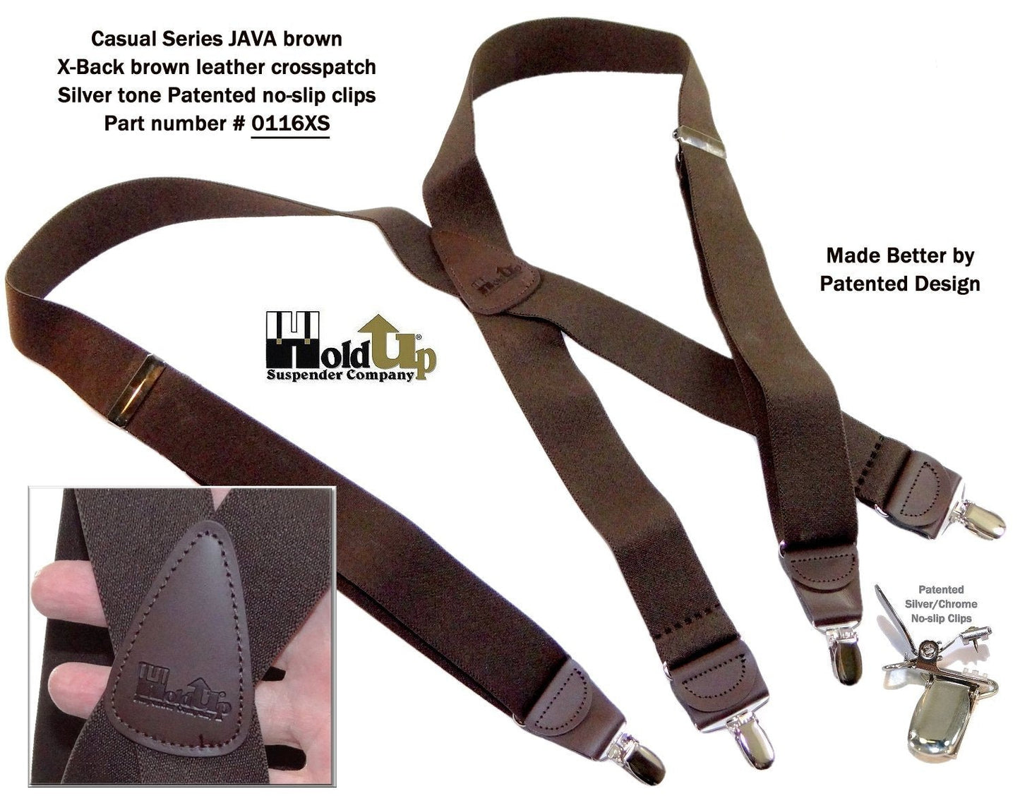 Holdup Suspender Company's Dark Java Brown Casual Series X-back Suspenders with Patented No-slip Nickel plated Clips
