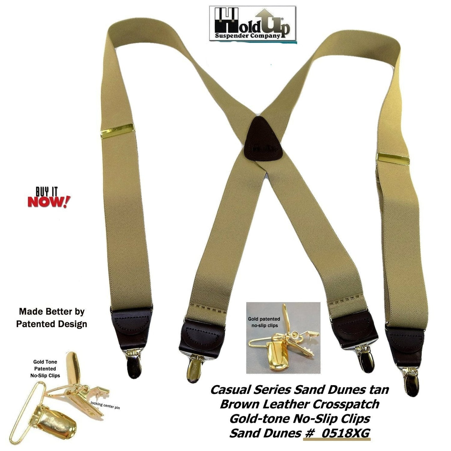 HoldUp Casual Series Sand Dunes Tan 1 1/2" wide Suspenders in X-back with USA Patented No-slip Gold-tone Clips