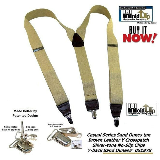 Holdup Brand Sand Dunes Tan Casual Series Suspenders in Y-back style with Silver Tone No-slip Clips