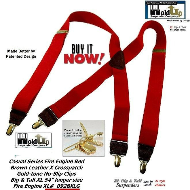 Holdup brand XL Fire Engine Red X-back Style Suspenders for the Big and Tall man with Patented No-slip Gold-tone Clips