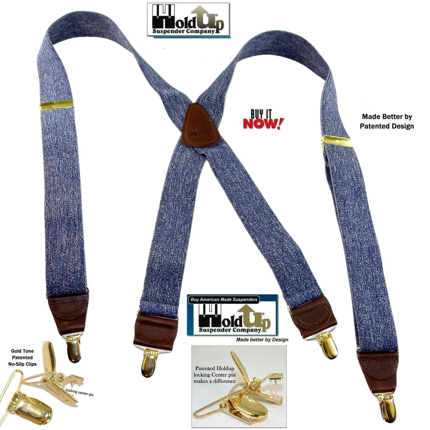 Holdup Brand USA made Dark Blue Denim Casual Series Suspenders in X-back style with Patented No-slip Gold-tone Clips