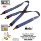 Holdup Brand USA made Dark Blue Denim Casual Series Suspenders in X-back style with Patented No-slip Gold-tone Clips