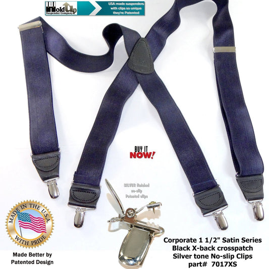 Holdup Suspender Company Steel Blue Satin Finish Corporate Series Suspenders X-back with Patented No-slip Silver Clips