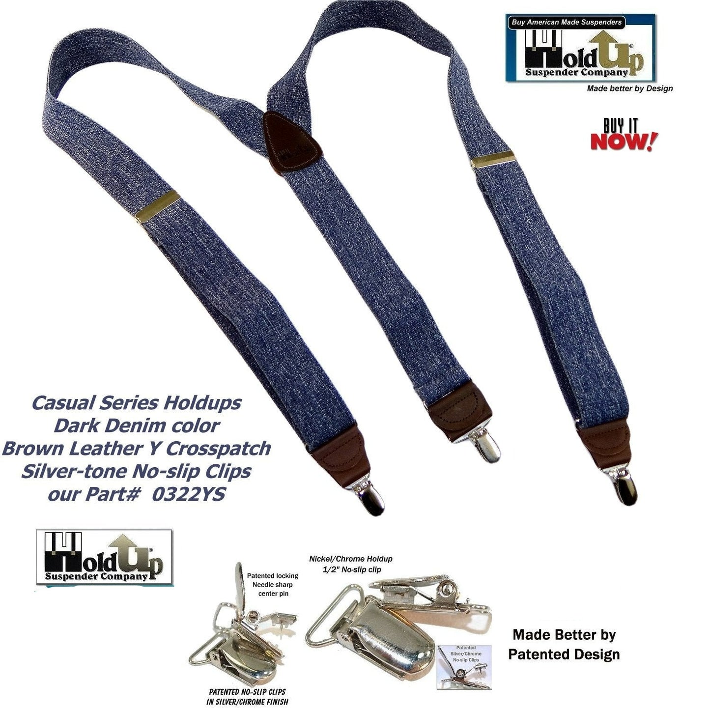 Holdup Brand Dark Denim Casual Series Suspenders are 1 1/2" wide with Y-back style and Patented No-slip Silver Clips