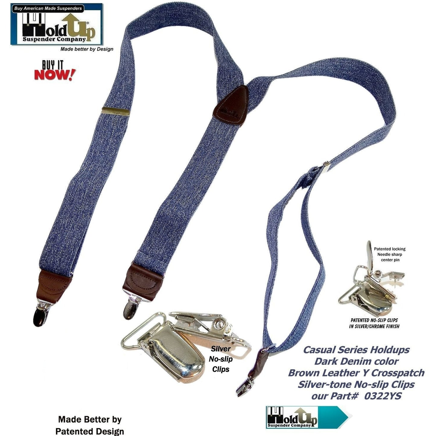 Holdup Brand Dark Denim Casual Series Suspenders are 1 1/2" wide with Y-back style and Patented No-slip Silver Clips
