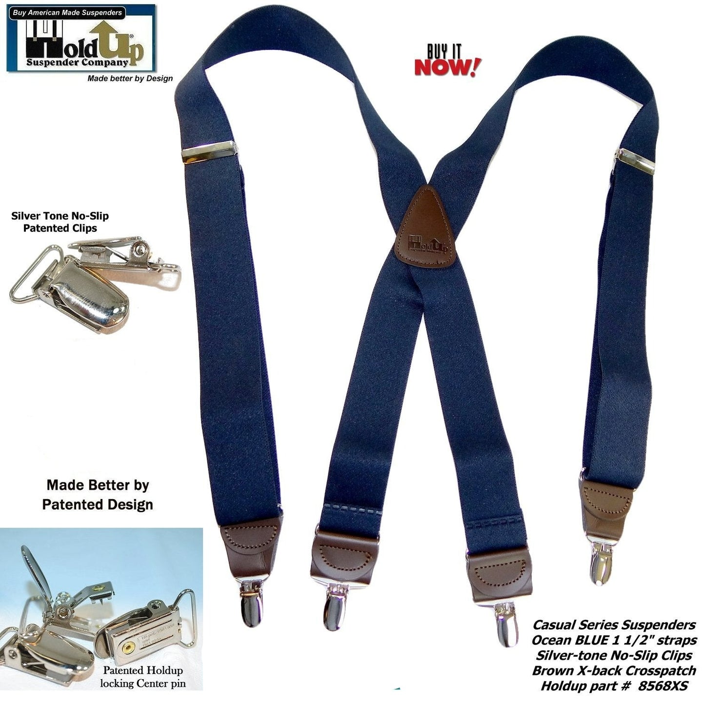 Holdup Brand Ocean Blue Casual Series Men's Suspenders in X-back Style and USA Patented No-slip Silver-tone Clips