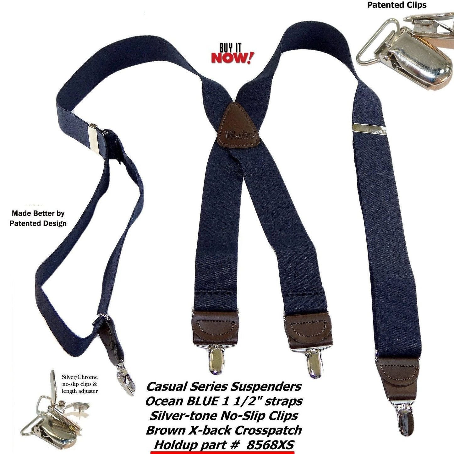 Holdup Brand Ocean Blue Casual Series Men's Suspenders in X-back Style and USA Patented No-slip Silver-tone Clips