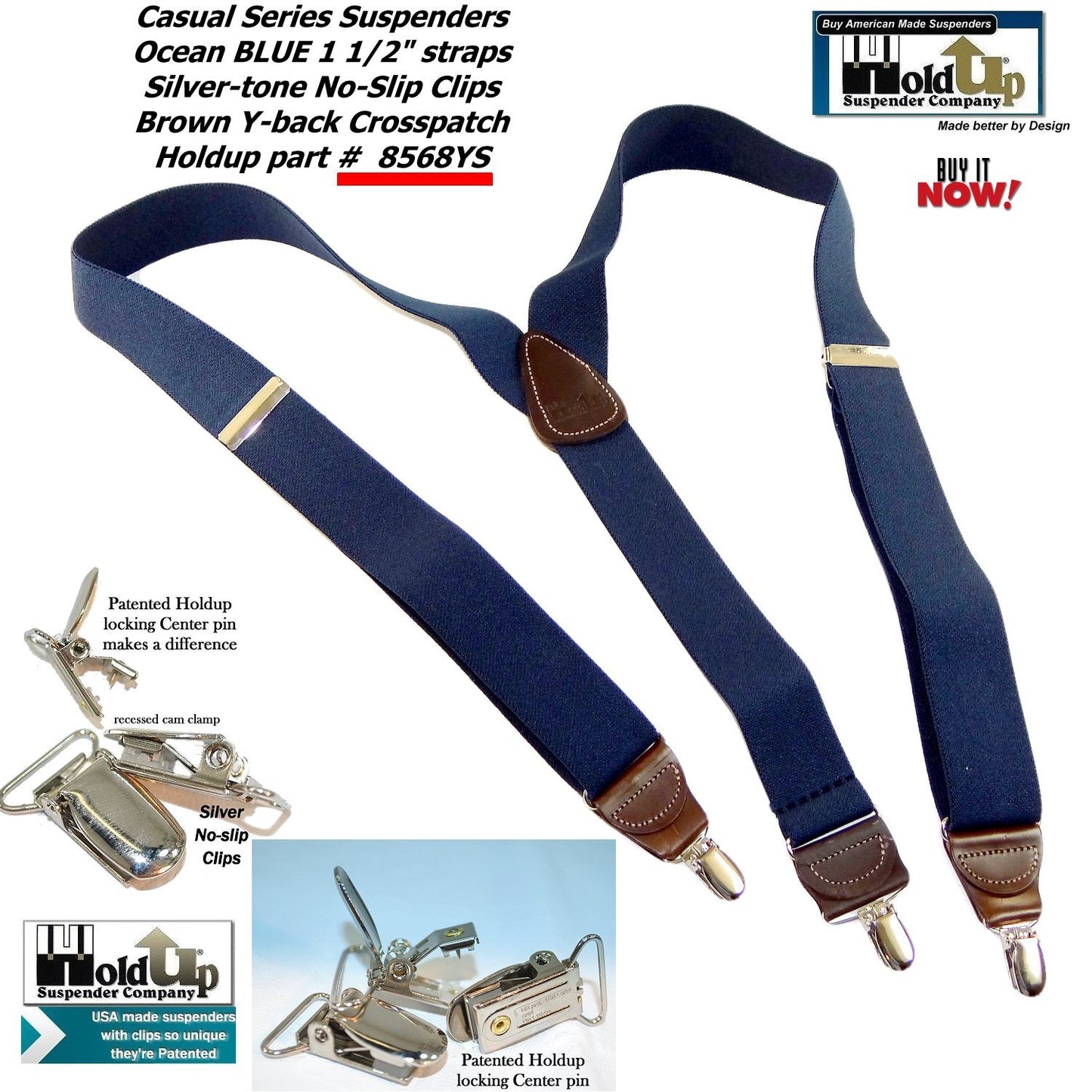 Hold-Ups Dark Ocean Blue Y-back Casual Series Suspender w/ Patented Silver tone Clip