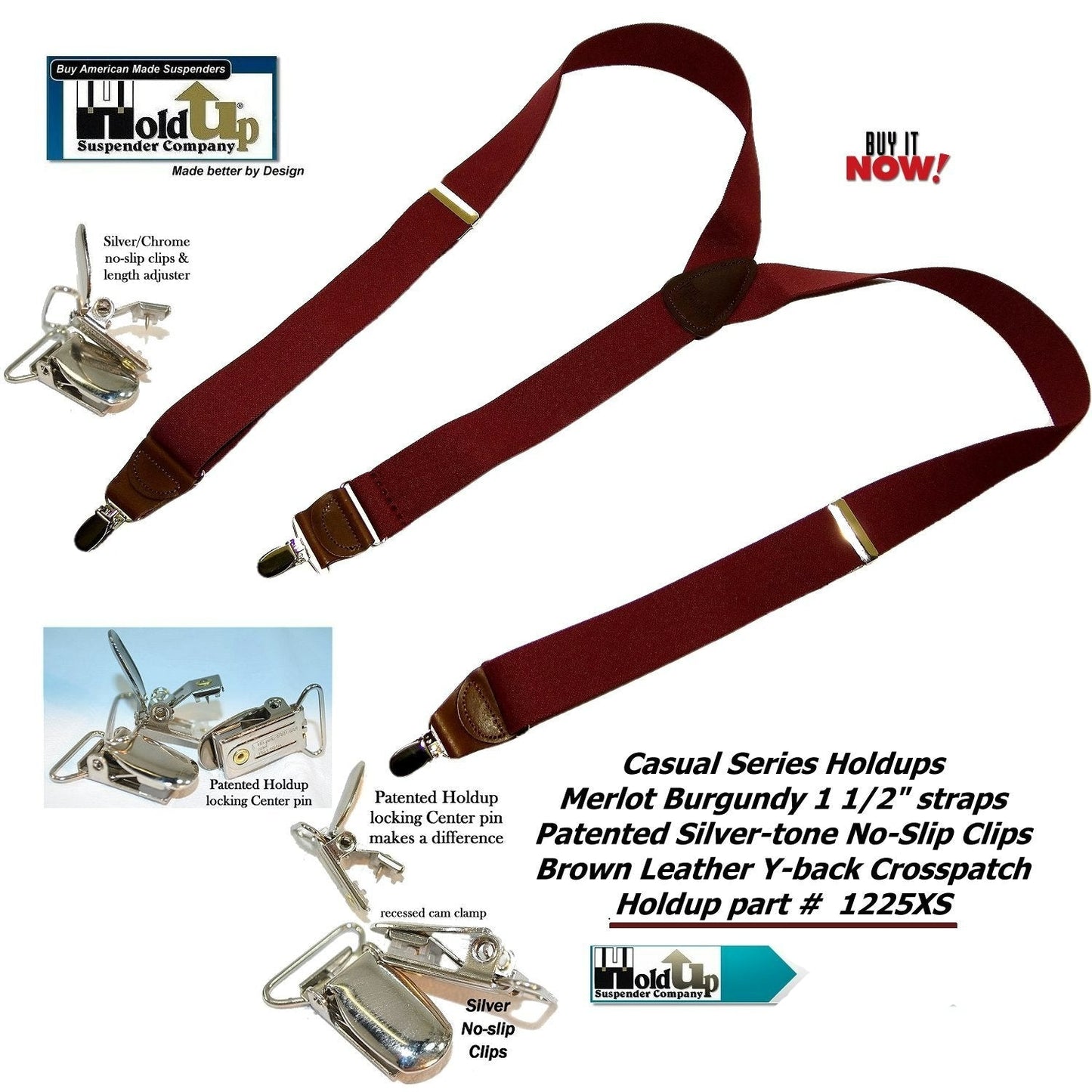Holdup Suspender Company's deep Merlot Burgundy colored clip-on suspenders in Y-back with Patented No-slip silver-tone clips