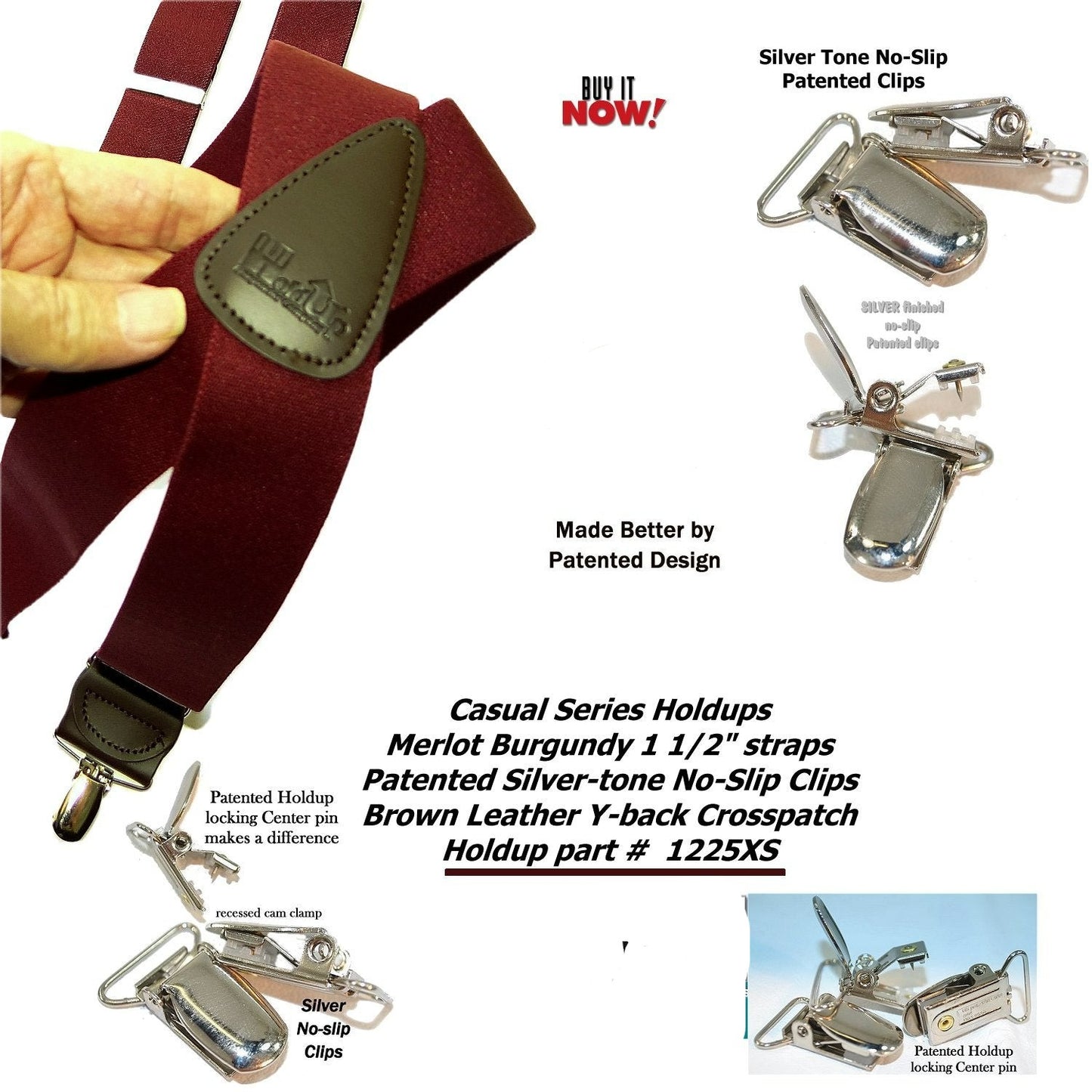 HoldUp Brand Merlot Burgundy 1 1/2" wide suspenders in X-back style with USA Patented No-slip Silver-tone clips