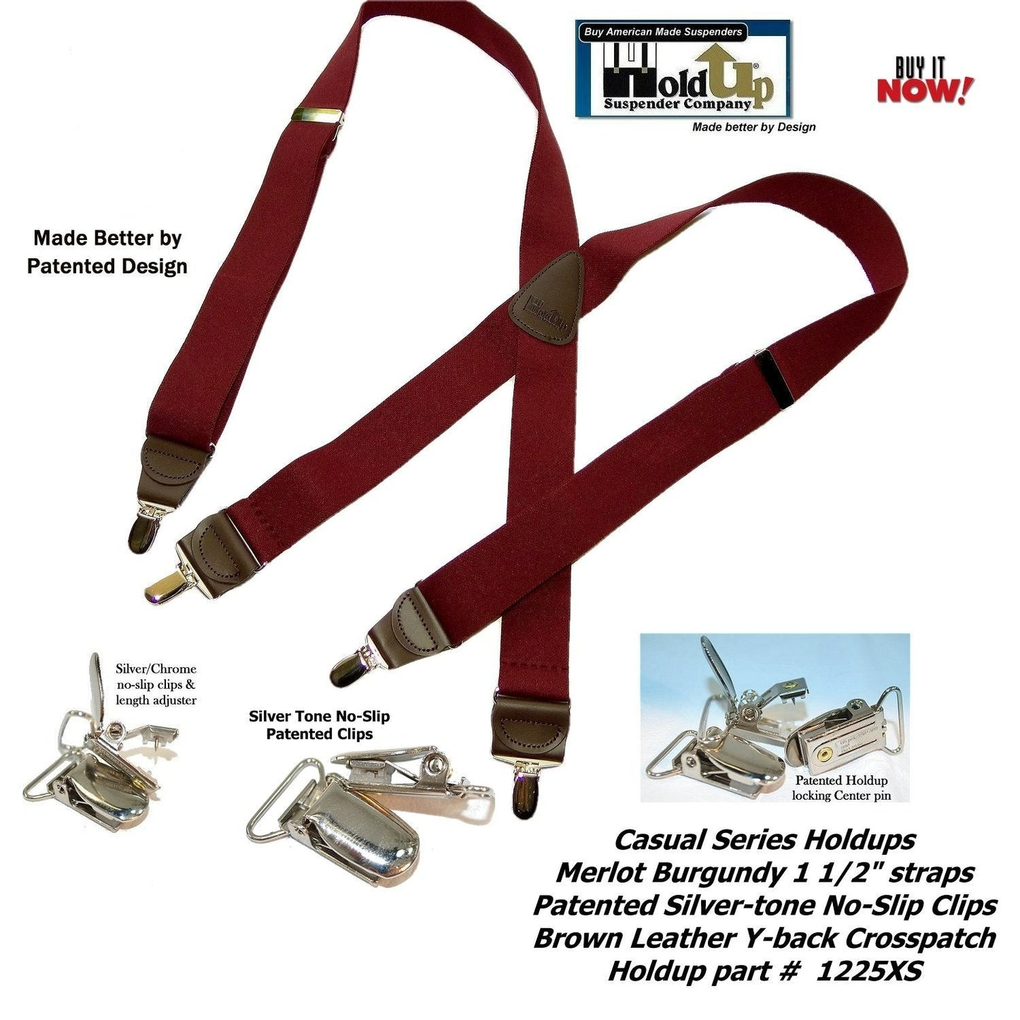 HoldUp Brand Merlot Burgundy 1 1/2" wide suspenders in X-back style with USA Patented No-slip Silver-tone clips