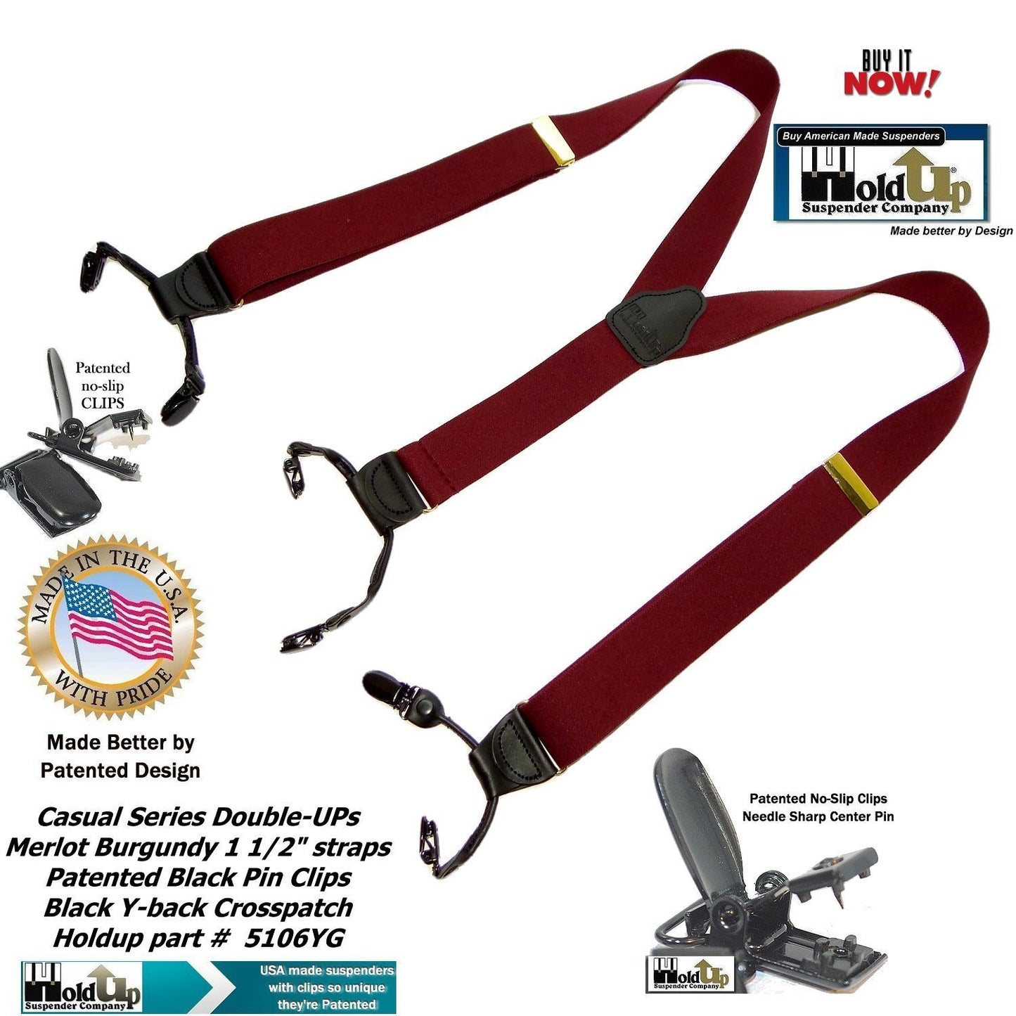 Holdup Suspender Company's Merlot Burgundy Double-Up style Suspenders with black Patented No-slip Clips.