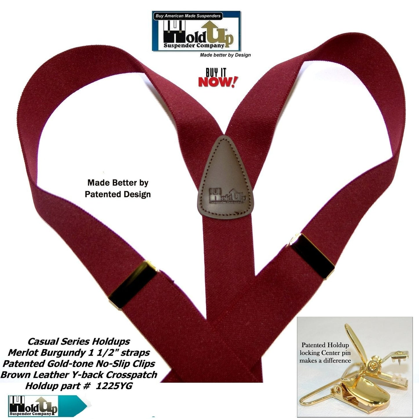 Holdup Y-back Casual Series Suspenders in deep Merlot Burgundy color with USA Patented No-slip Gold-tone  clips