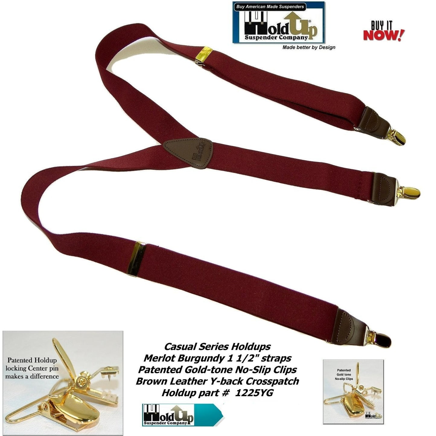 Holdup Y-back Casual Series Suspenders in deep Merlot Burgundy color with USA Patented No-slip Gold-tone  clips
