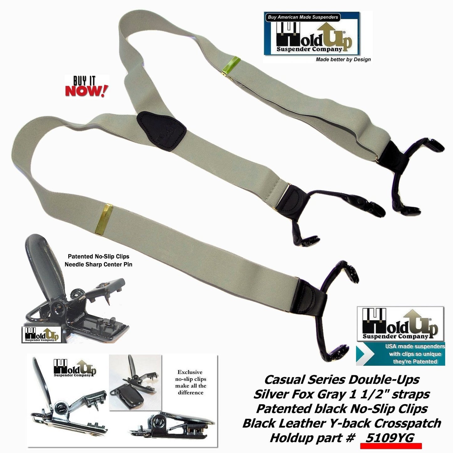 Holdup Brand Silver Fox Grey Dual-clip Double-ups Style Suspenders 1 1/2" wide with Patented No-slip Clips