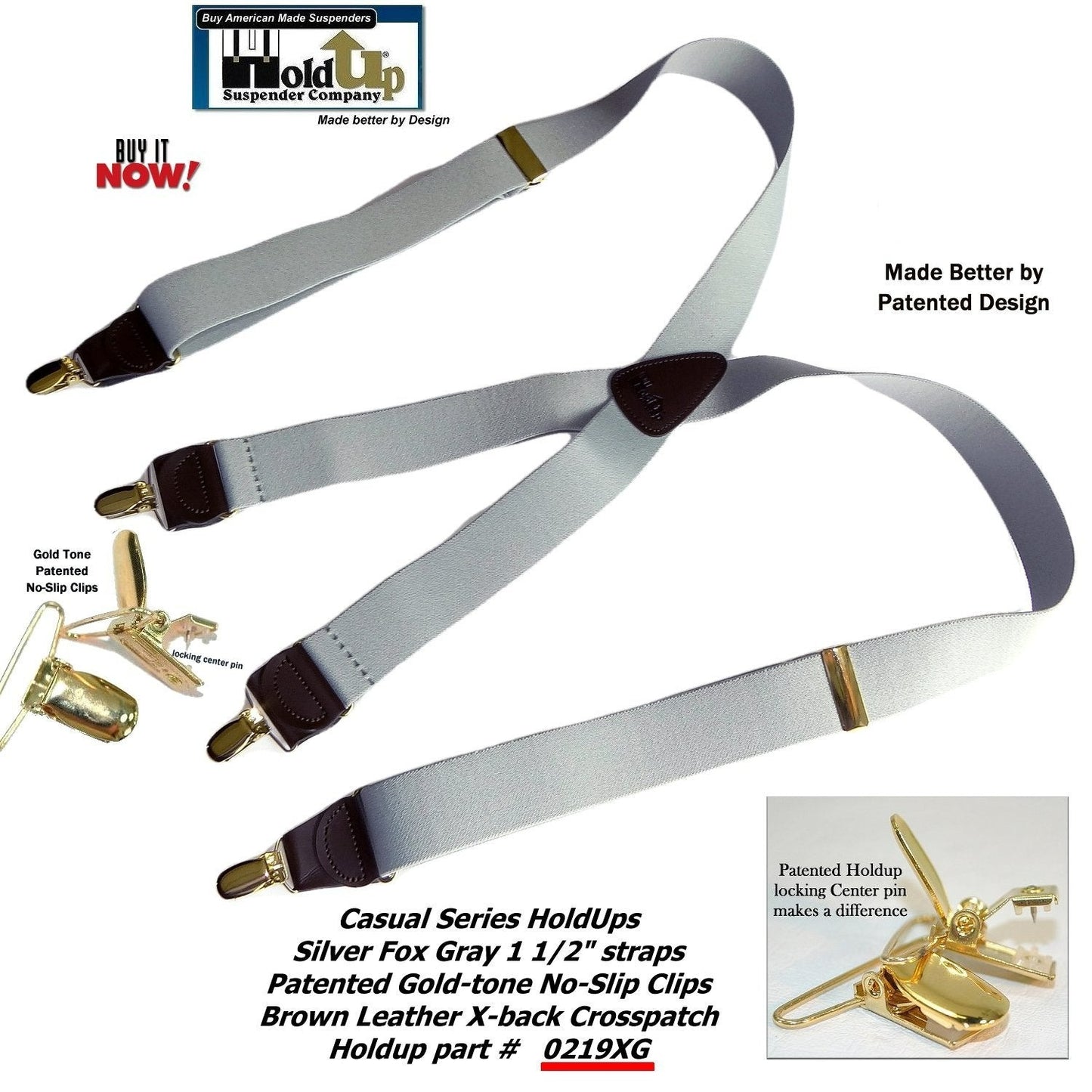 Holdup Brand Silver Fox Light Gray X-back Suspenders with USA Patented Gold-tone no-slip Clips