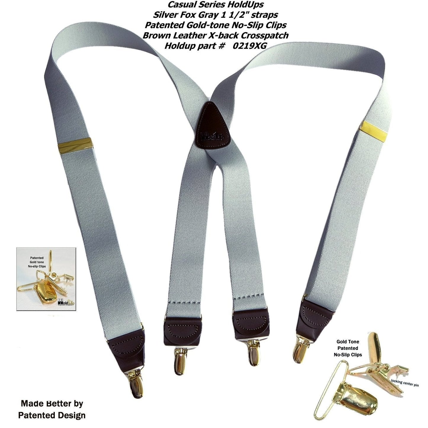 Holdup Brand Silver Fox Light Gray X-back Suspenders with USA Patented Gold-tone no-slip Clips