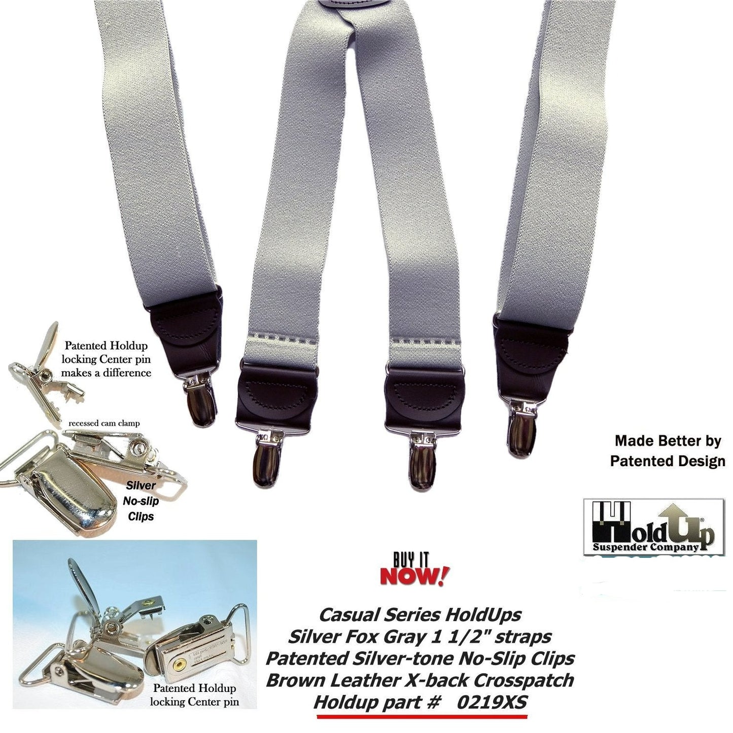 Holdup Brand Light Silver Fox Gray  1 1/2" Wide X-back Suspenders with USA Patented No-slip Silver-tone Clips