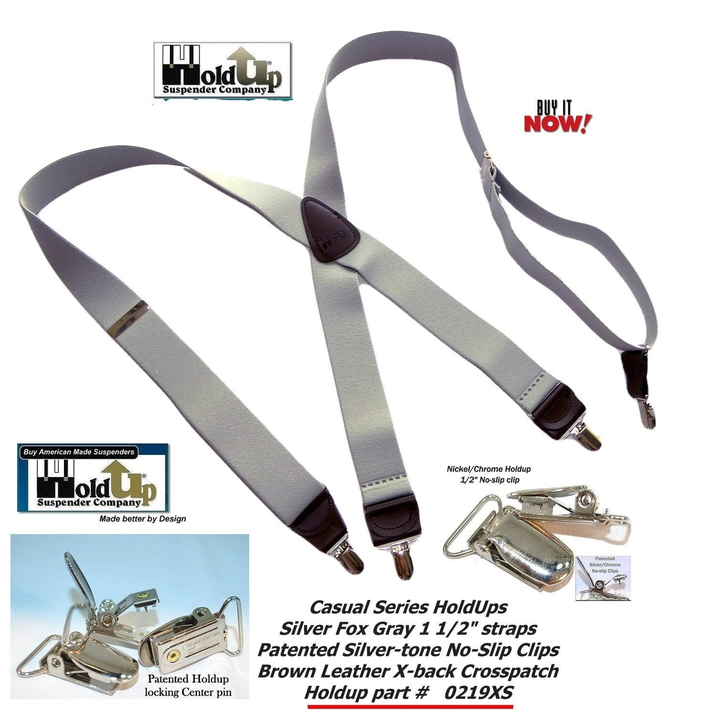 Holdup Brand Light Silver Fox Gray  1 1/2" Wide X-back Suspenders with USA Patented No-slip Silver-tone Clips