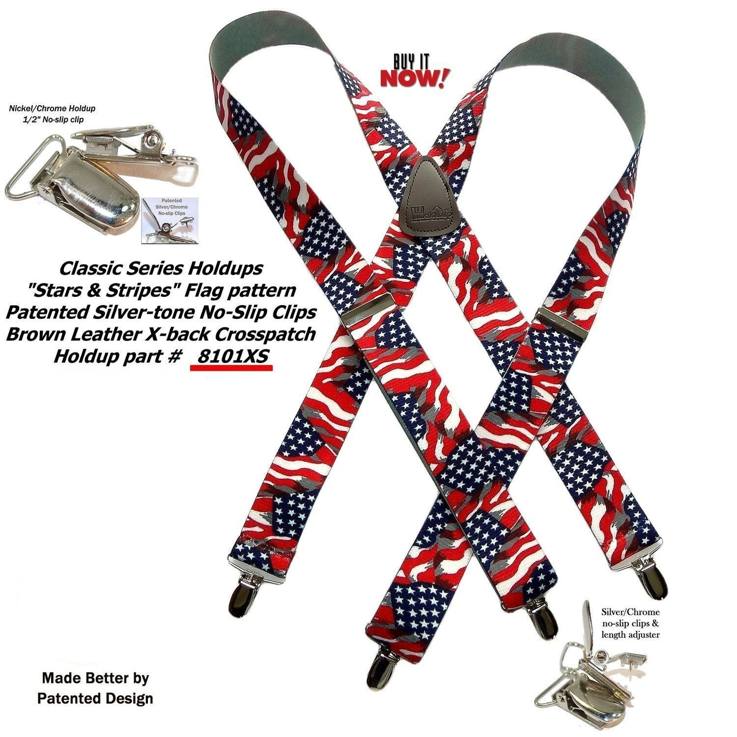 HoldUp Brand Classic Series USA Flag pattern X-back Suspenders with Silver No-slip Clips