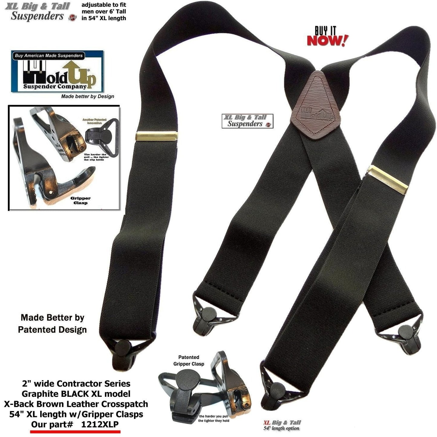 HoldUp Big and Tall XL Graphite Black 2" Contractor Series Suspenders with Gripper Clasps