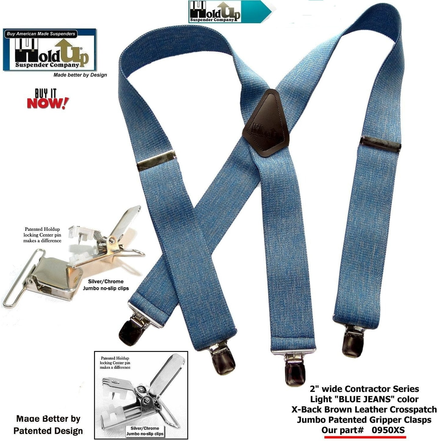HoldUp Brand Blue Denim Clip-on Wide Work Suspenders with Silver No-slip Clips