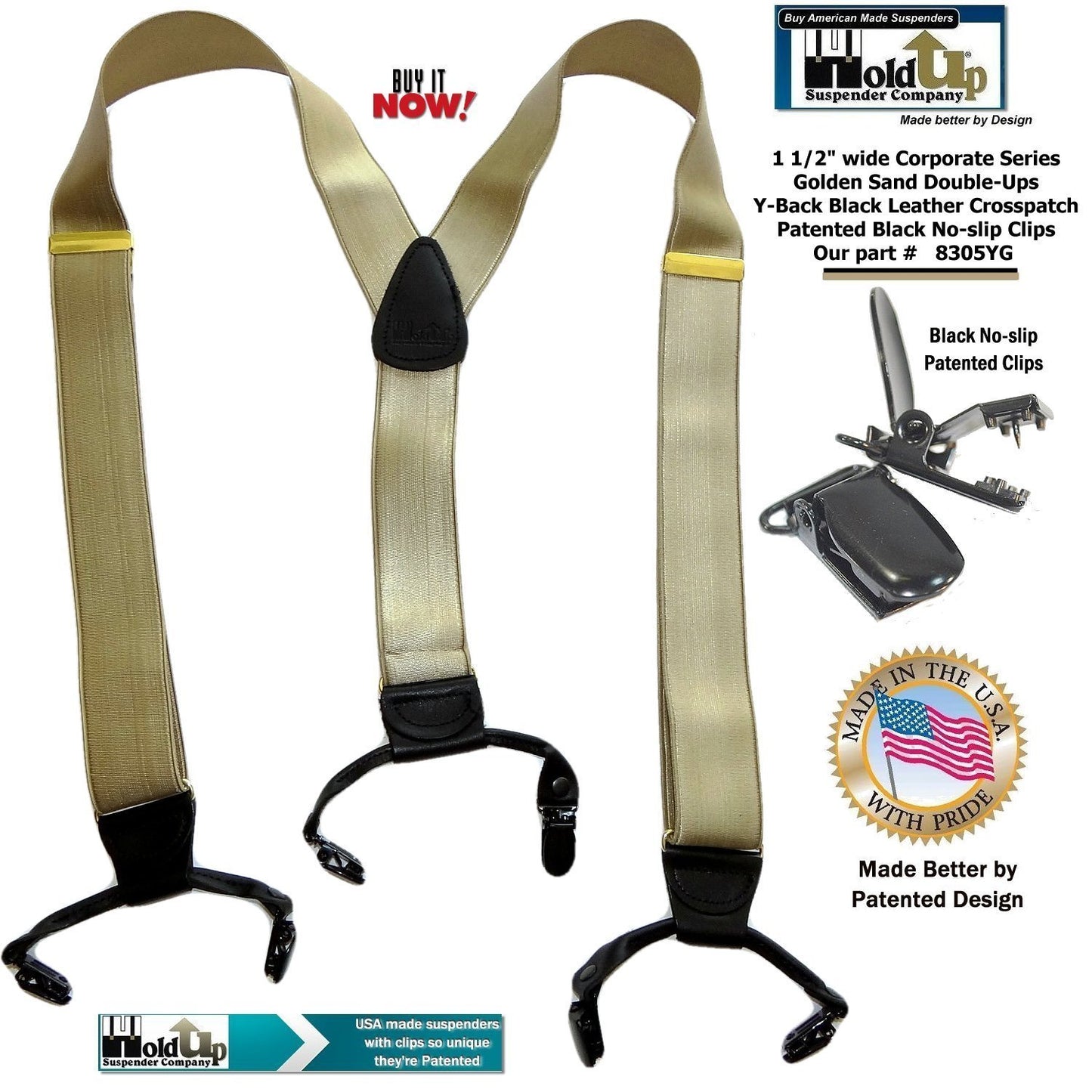 HoldUp Suspender Brand Double-up style Y-back Suspenders in Satin Finish Golden Sand Color
