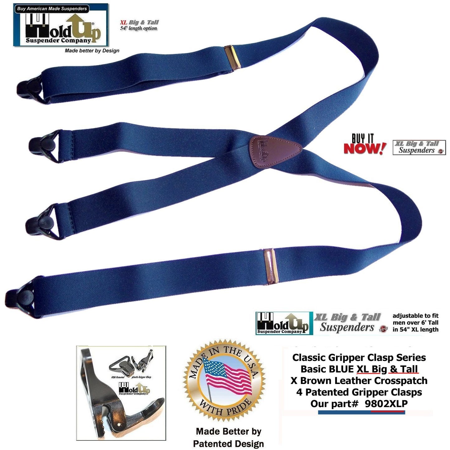 Holdup Brand XL Classic Series Basic Blue X-back Suspenders with Patented black Gripper Clasps