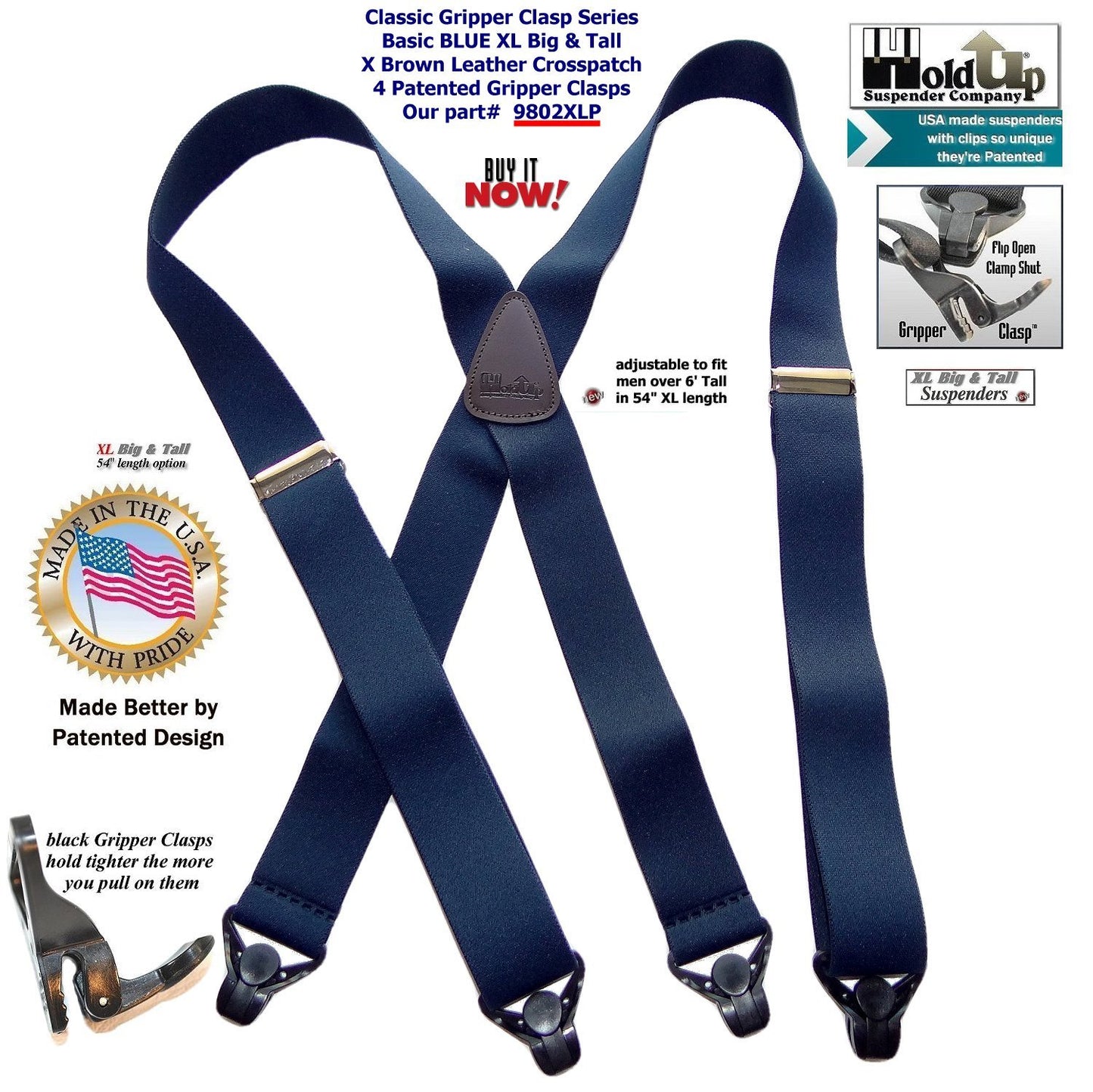 Holdup Brand XL Classic Series Basic Blue X-back Suspenders with Patented black Gripper Clasps