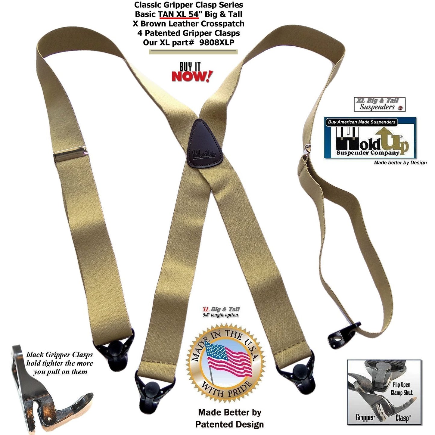 Holdup Brand XL Classic Series Basic Tan X-back Suspenders with Patented black Gripper Clasps